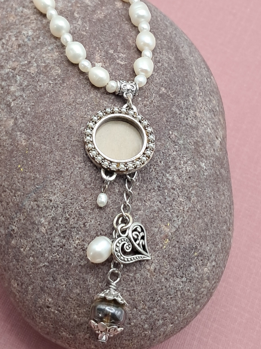 Vintage Maximal Art Genuine Pearl Charm Heart Victorian Pendant Necklace Silver
